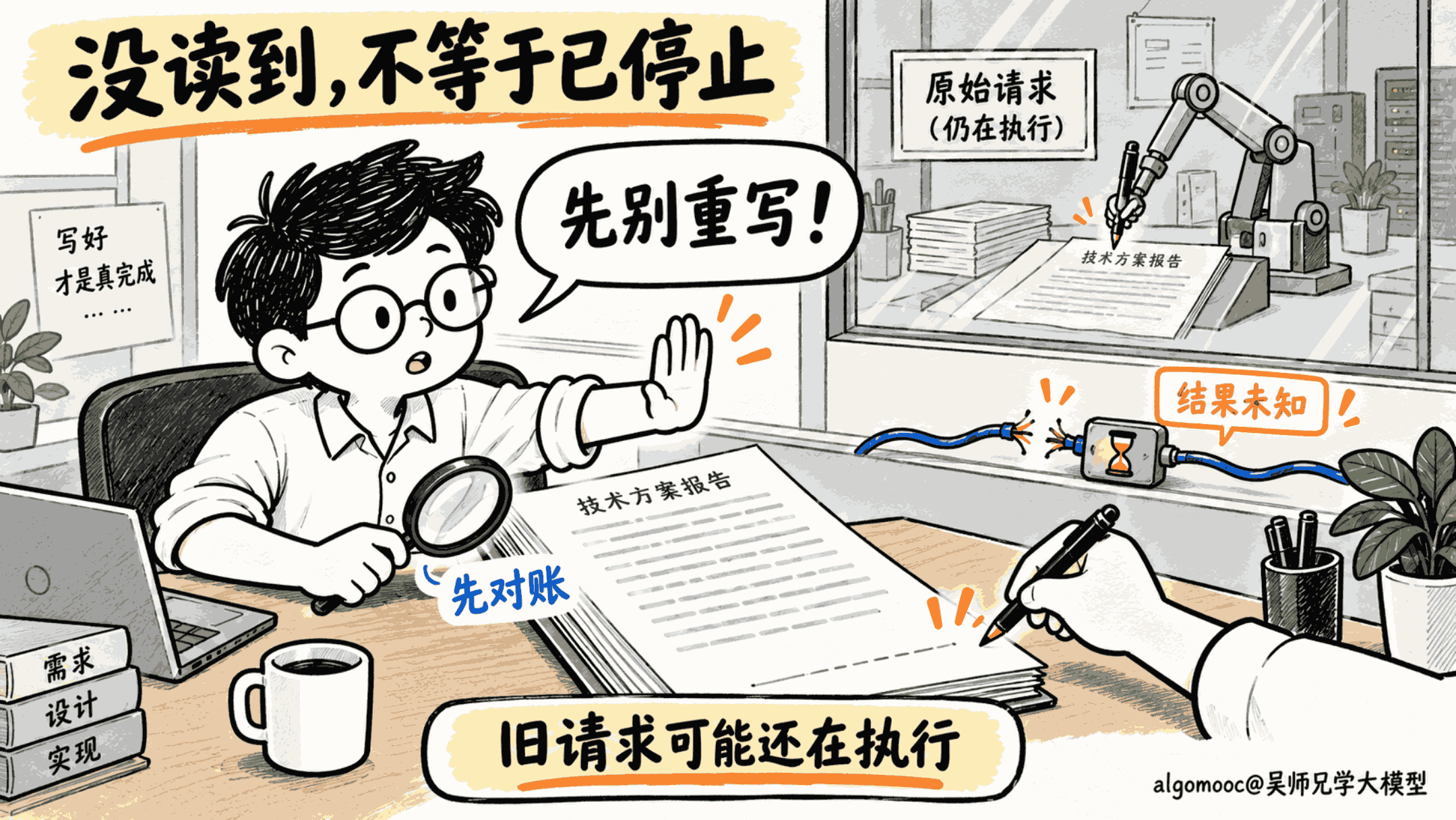 超时后先对账，再决定续写或暂停