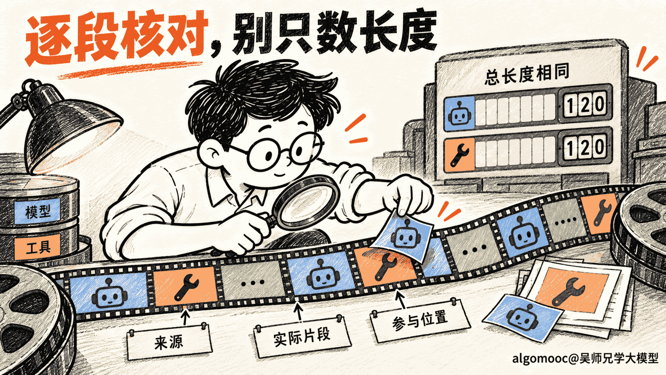 逐段核对实际内容与来源，长度相同仍可能掩盖标记错位