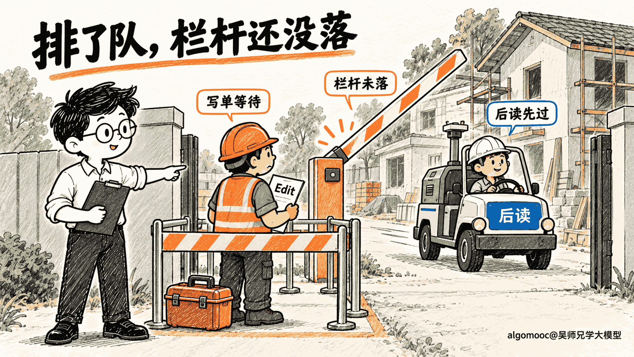 写单已在等待区,栏杆却仍抬着,后读车辆先驶入现场