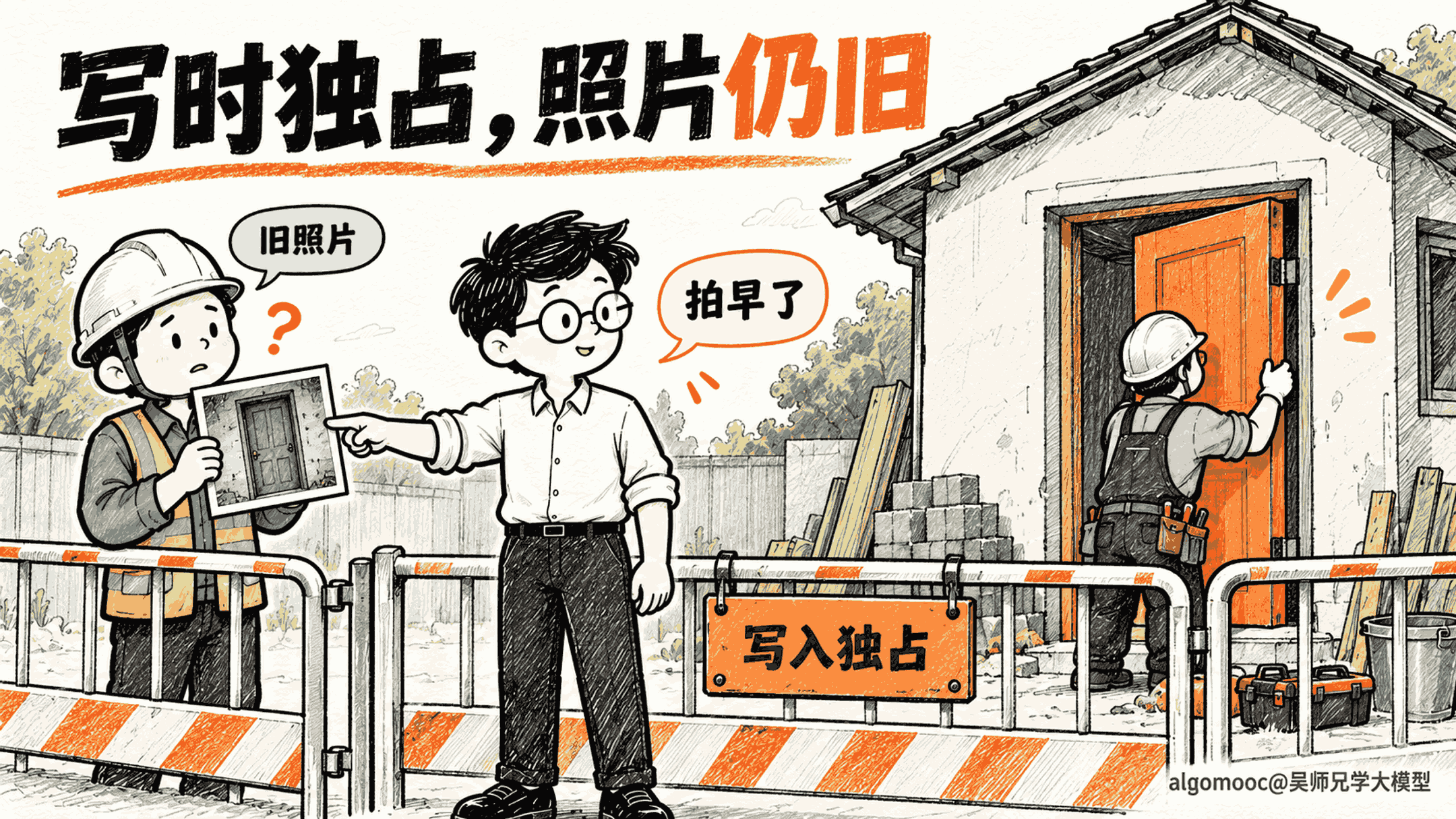 写入独占施工时其他人都在栏杆外,后读者手里却已拿着旧照片