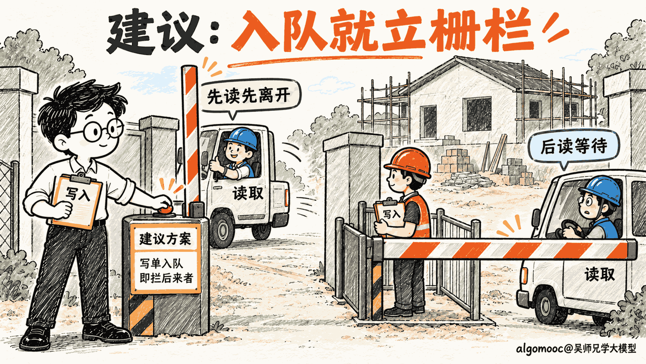 建议在写单入队时落下栏杆,已有先读先离开,后读等待写入完成