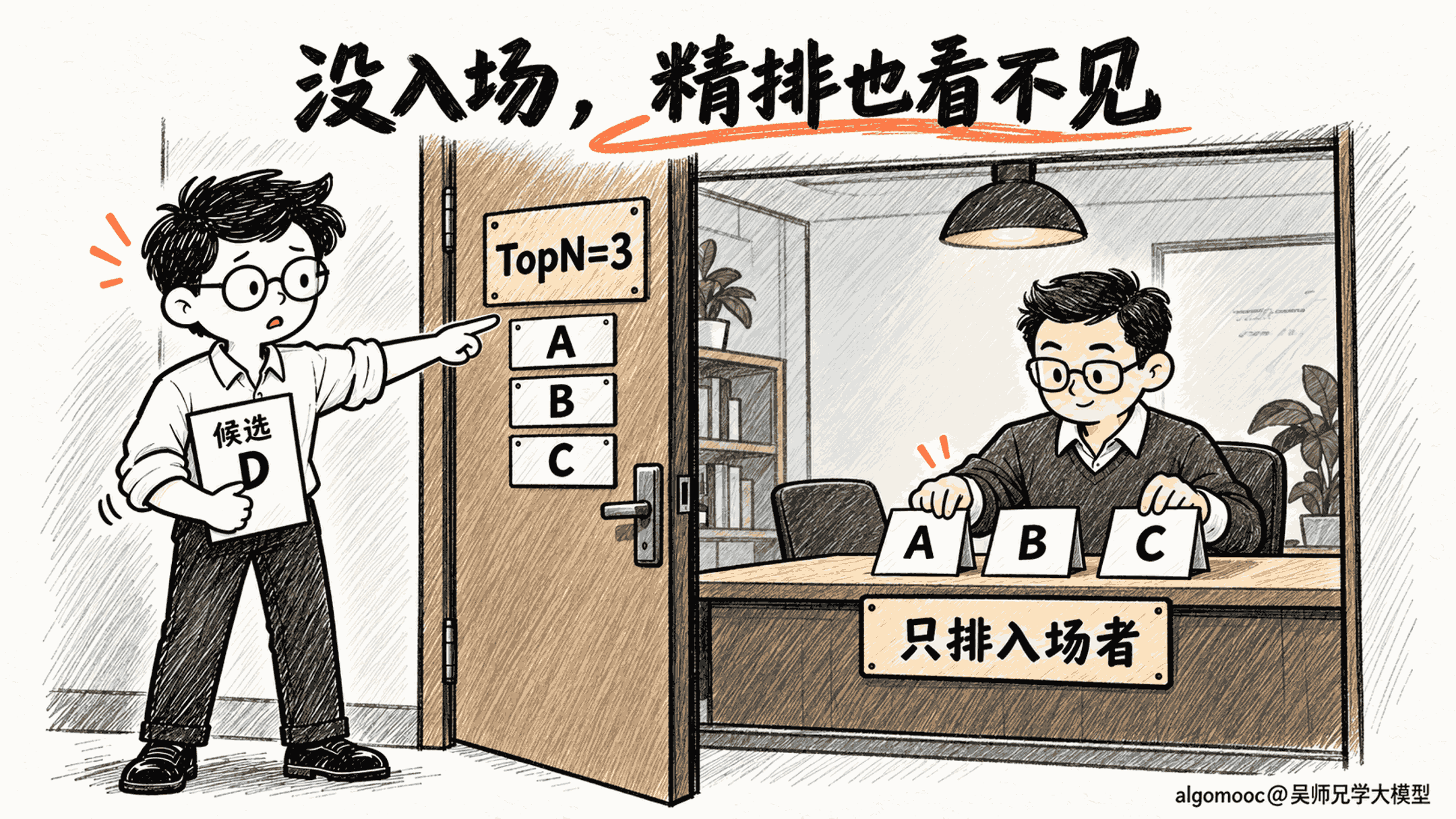 开发者拿着目标D站在候选入口外,评审台上只有A、B、C