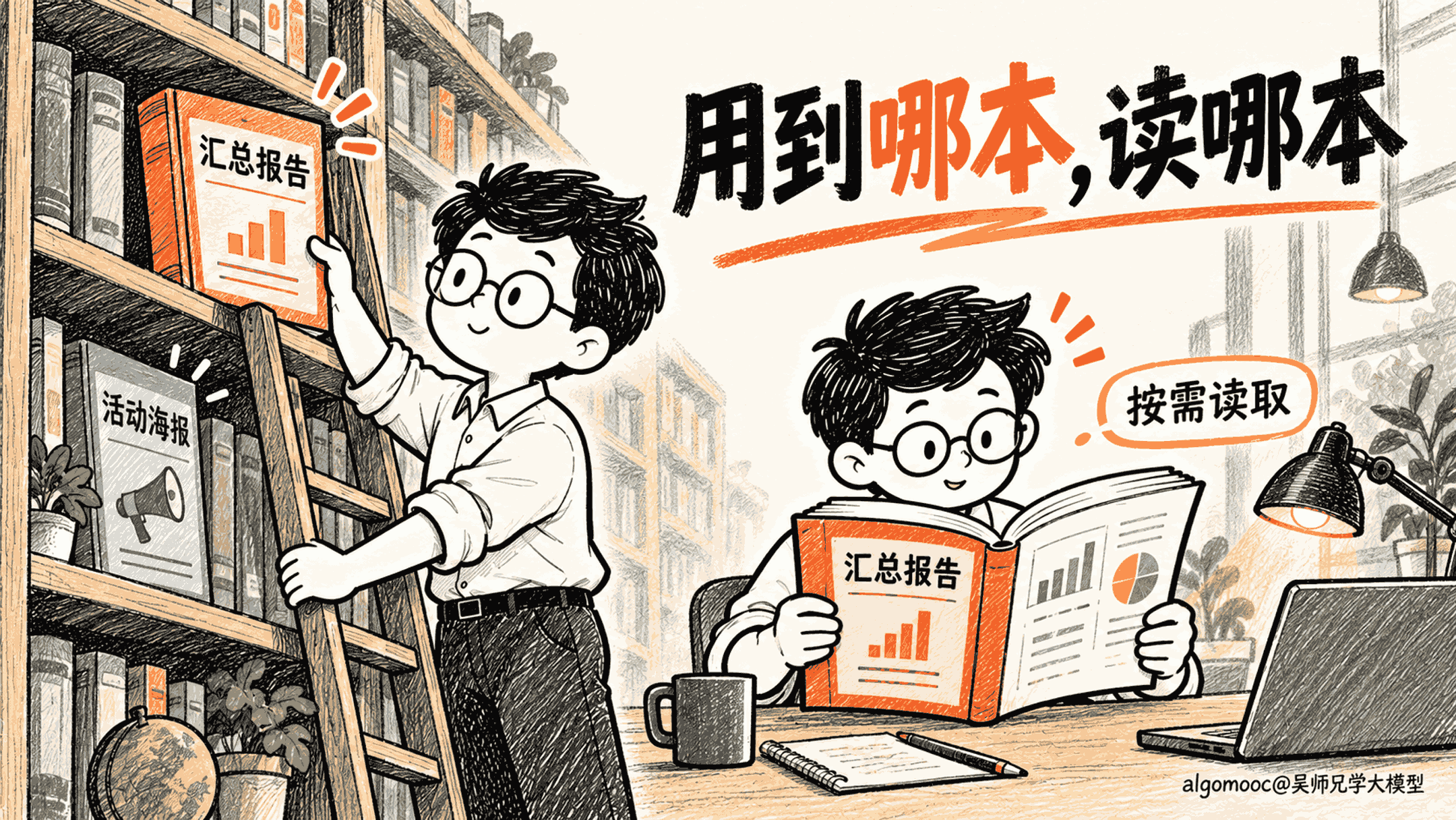 开发者根据汇总报告任务取出一本手册，活动海报仍留在架上
