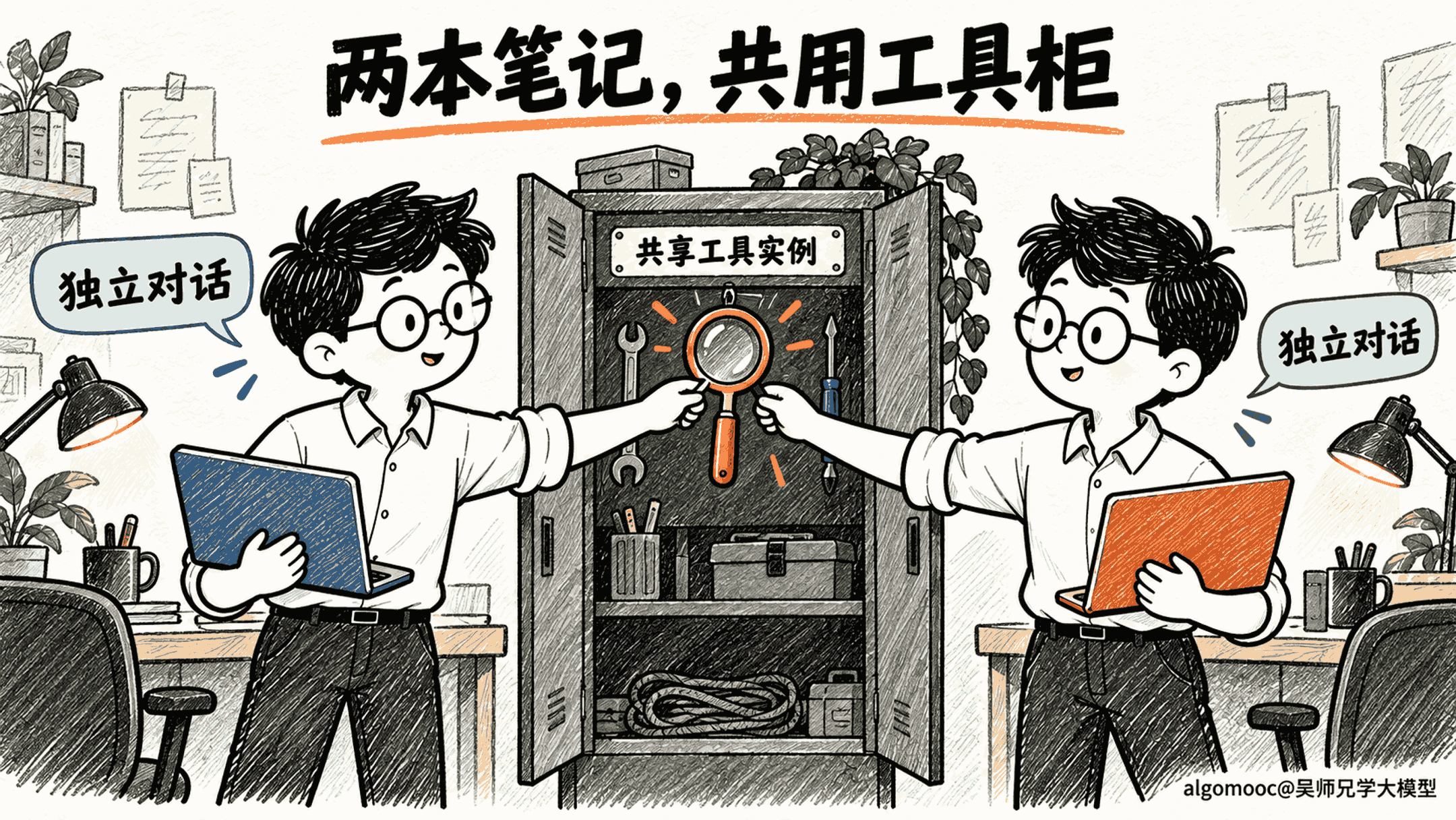 父子各有一本笔记，却从同一个中央工具柜取用工具