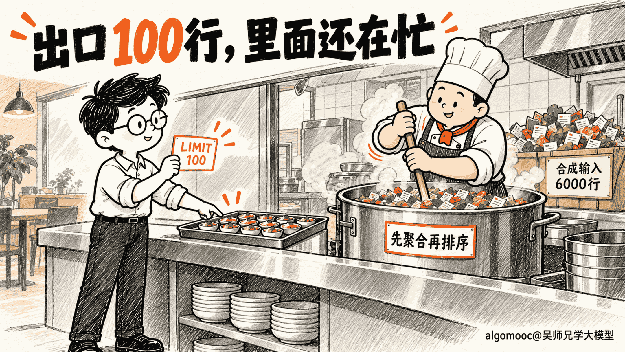 出口同为一百行,内部聚合排序仍处理更多工作